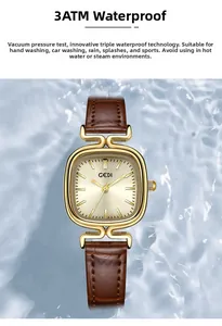 Detail showing 3ATM water resistance of vintage square watch with brown leather strap