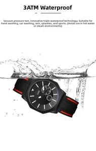 Octagonal quartz watch in water splash showing 3ATM waterproof feature and red stripe detail
