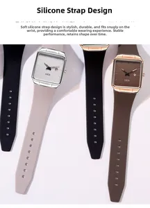 Detail of square quartz watches with silicone straps and date window display