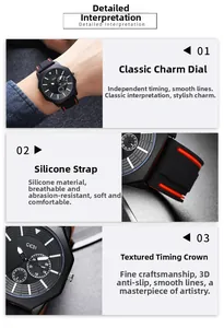 Detail view of GEDI men's waterproof quartz watch with silicone strap and luminous dial