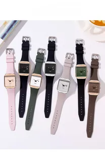 Detailed close-up of square quartz watches with silicone straps in seven trendy colors