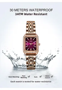 Close-up of GEDI rose gold waterproof watch with square dial and sparkling crystals