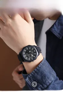 Close-up of octagon black silicone watch for men with luminous dial and matte finish