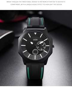 Detail of GEDI sports watch showing octagonal matte case and black silicone strap
