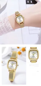Detail of elegant gold square watch with Milanese mesh band and minimalist white dial