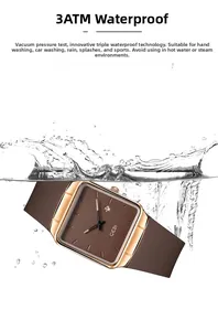 Macro shot of rose gold square watch submerged in water showing 3ATM waterproof feature