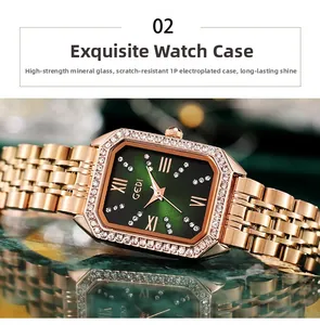 Macro detail of square green dial watch with crystal bezel and rose gold steel strap