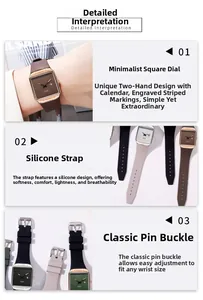 Detail view of square quartz watch featuring date window, silicone strap, and buckle closure