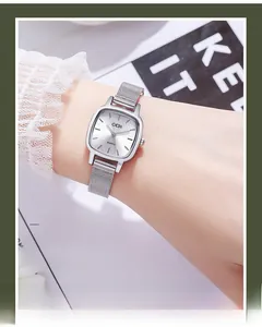 Detailed view of square silver watch with stainless steel mesh strap on woman's wrist