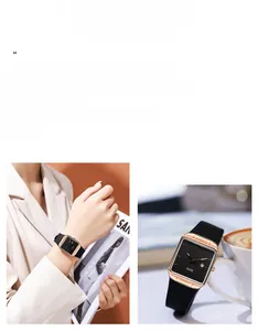 Detail of a square rose gold watch with black silicone strap and calendar window