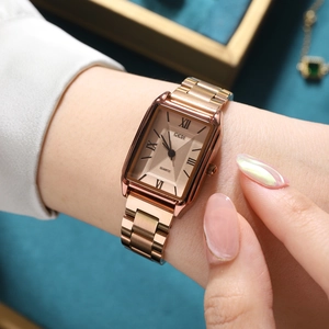 Classic rose gold square quartz watch for women with stainless steel link band