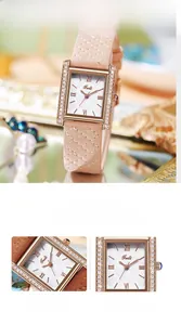 Detail of rose gold square watch with zircon bezel and quilted leather strap pattern
