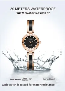 Detailed view of rose gold quartz watch with 3ATM water resistance and splash effect