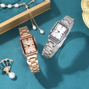 Classic minimalist square quartz watches for women with elegant steel link bands