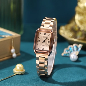Elegant rose gold square quartz watch with stainless steel band and roman numerals