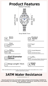 Detailliertes Diagramm einer silbernen Quarzuhr mit Gehäuse- und Armbandmaßen