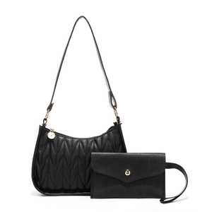 Chic black two-piece quilted underarm bag set with matching envelope coin purse for women