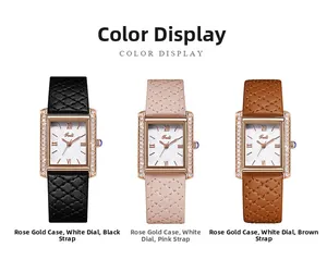 Three elegant square quartz watches with diamond bezels and leather straps in 3 colors