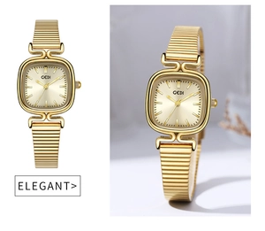 Detail of elegant gold square quartz watch with textured metallic strap for women
