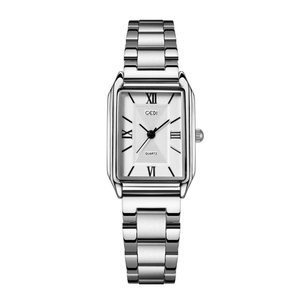 Classic silver square women's quartz watch with stainless steel chain strap and sunburst dial