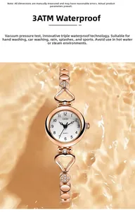 Close-up of rose gold ladies watch with heart-shaped bracelet and 3ATM waterproof detail