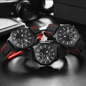 Three GEDI men's watches with octagonal black cases and colored silicone straps