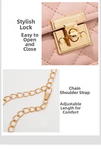 Detail of pink quilted handbag showing golden twist lock and metal chain shoulder strap