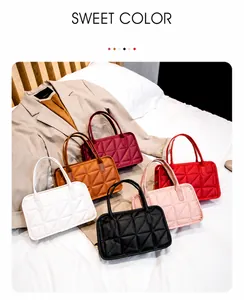 Quilted mini bags in six colors shown on a bed, showcasing stylish diamond patterns