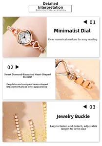 Detail of rose gold watch featuring hollow heart-shaped links and a jewelry clasp