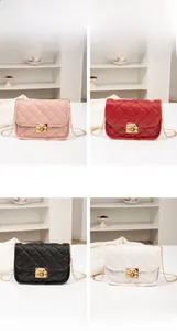 Quilted chain cross-body bags displayed in pink, red, black, and white colors