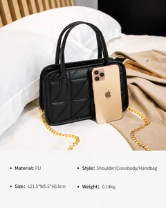 Quilted mini bag in black PU leather with chain strap, size 21.5x5.5x13cm