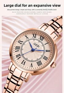 Detailaufnahme der GEDI Roségold-Uhr mit Sonnenstrahl-Zifferblatt und blauen Zeigern