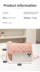 Size comparison of a pink quilted chain crossbody bag next to a smartphone