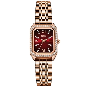 Elegant GEDI women's square watch with red dial and crystal bezel on rose gold strap