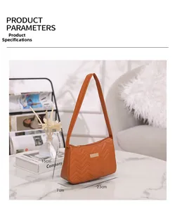 Detailed product parameters of orange-brown quilted faux leather shoulder bag with size info
