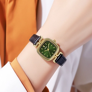 GEDI luxury rectangular gold watch with dark green dial and black leather strap for women