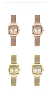 Detailed view of square quartz watches with Roman numerals and mesh straps in four colors