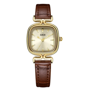 Retro square gold women's watch with champagne dial and brown leather strap