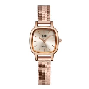 Luxury rose gold square dial quartz watch with minimalist mesh strap for women