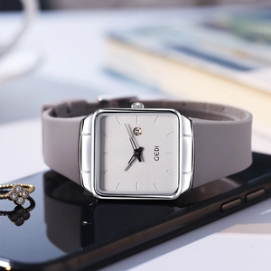 Minimalist square quartz watch with grey silicone strap and silver case for women