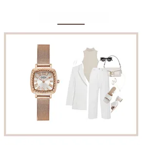 Rose gold square watch with Roman numerals and mesh strap shown with stylish outfit