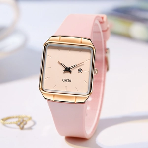Pink silicone strap square quartz watch for women with rose gold case and date display