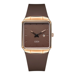 GEDI minimalist square quartz watch with brown silicone strap and rose gold metal case