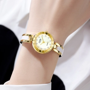 Elegant GEDI women quartz watch with gold metal band and white enamel inlay dial
