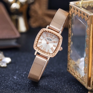 Elegant Women Quartz Watch Retro Square Dial Roman Numerals Stainless Steel Mesh Band Waterproof Fashion Wristwatch