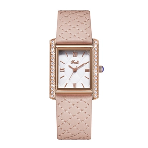 Detail of Gedi square rose gold watch with pink quilted leather strap and diamond bezel