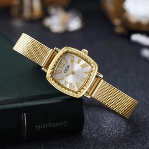 Vintage gold square watch for women with Roman numerals and mesh steel strap
