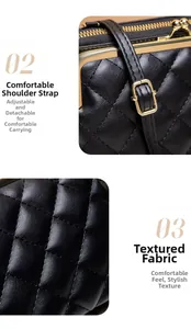Dettaglio della texture in pelle nera trapuntata e fibbia regolabile dorata della borsa
