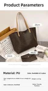 Size chart showing large vintage printed tote bag dimensions 44x10x28cm with PU material