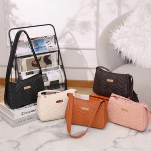 Women PU Leather Chevron Stitched Underarm Bag Elegant Quilted Baguette Shoulder Bag With Gold Metal Plaque Minimalist